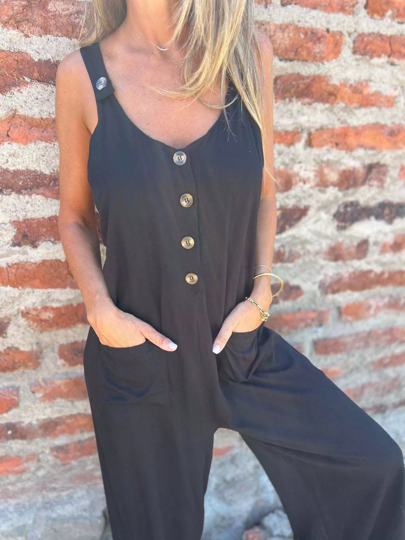 Full Size Button-Front Wide Leg Jumpsuit Plus Size nicholesgifts