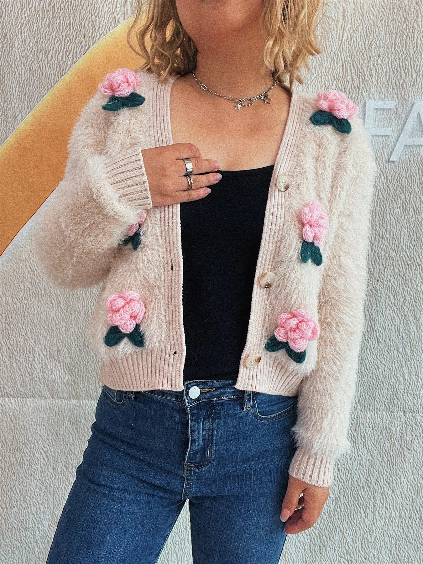 Flower Fuzzy Button-Up Cardigan