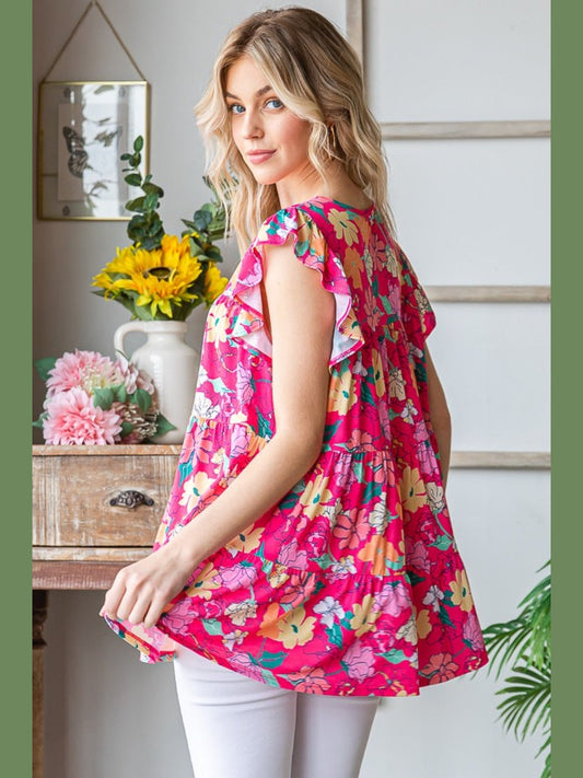 Heimish Full Size Floral Ruffle Sleeve Tiered Blouse nicholesgifts