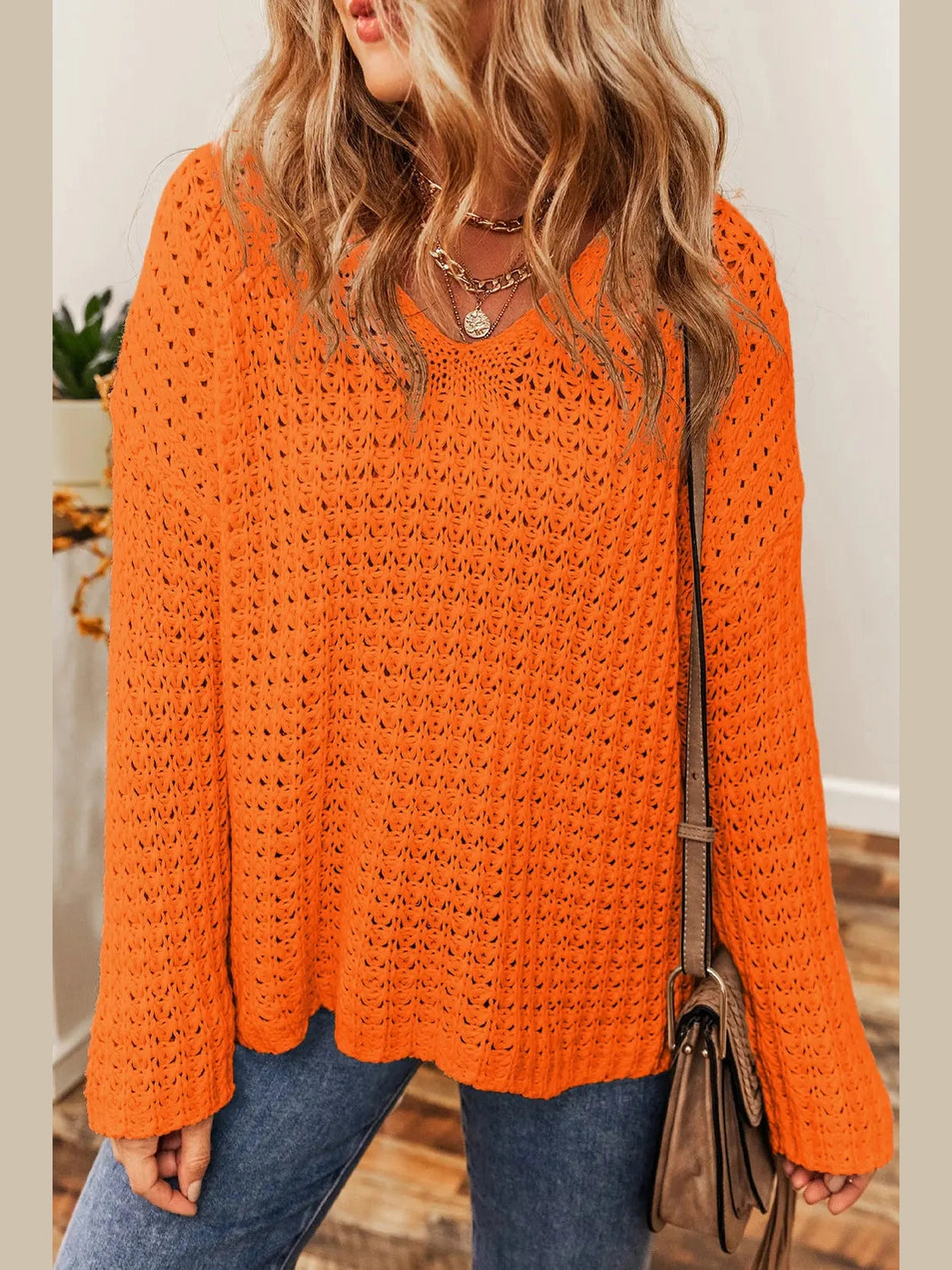 Openwork Round Neck Long Sleeve Sweater Trendsi