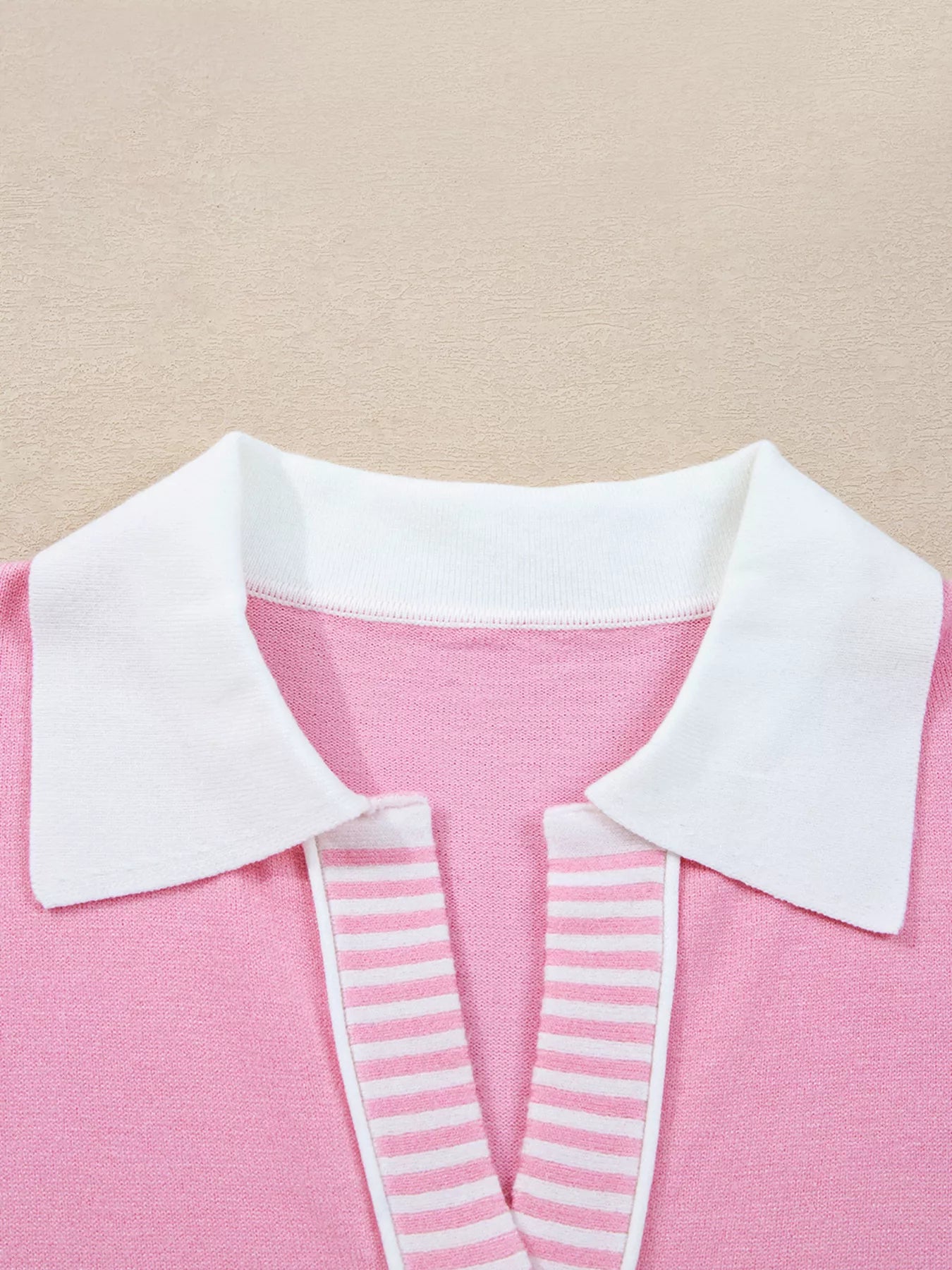 Contrasting Polo Collar Color Block Knit Drop Shoulder Sweater Trendsi