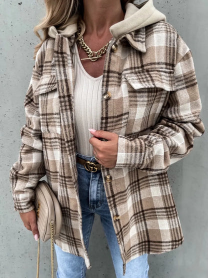Plaid Dropped Shoulder Hooded Jacket nicholesgifts