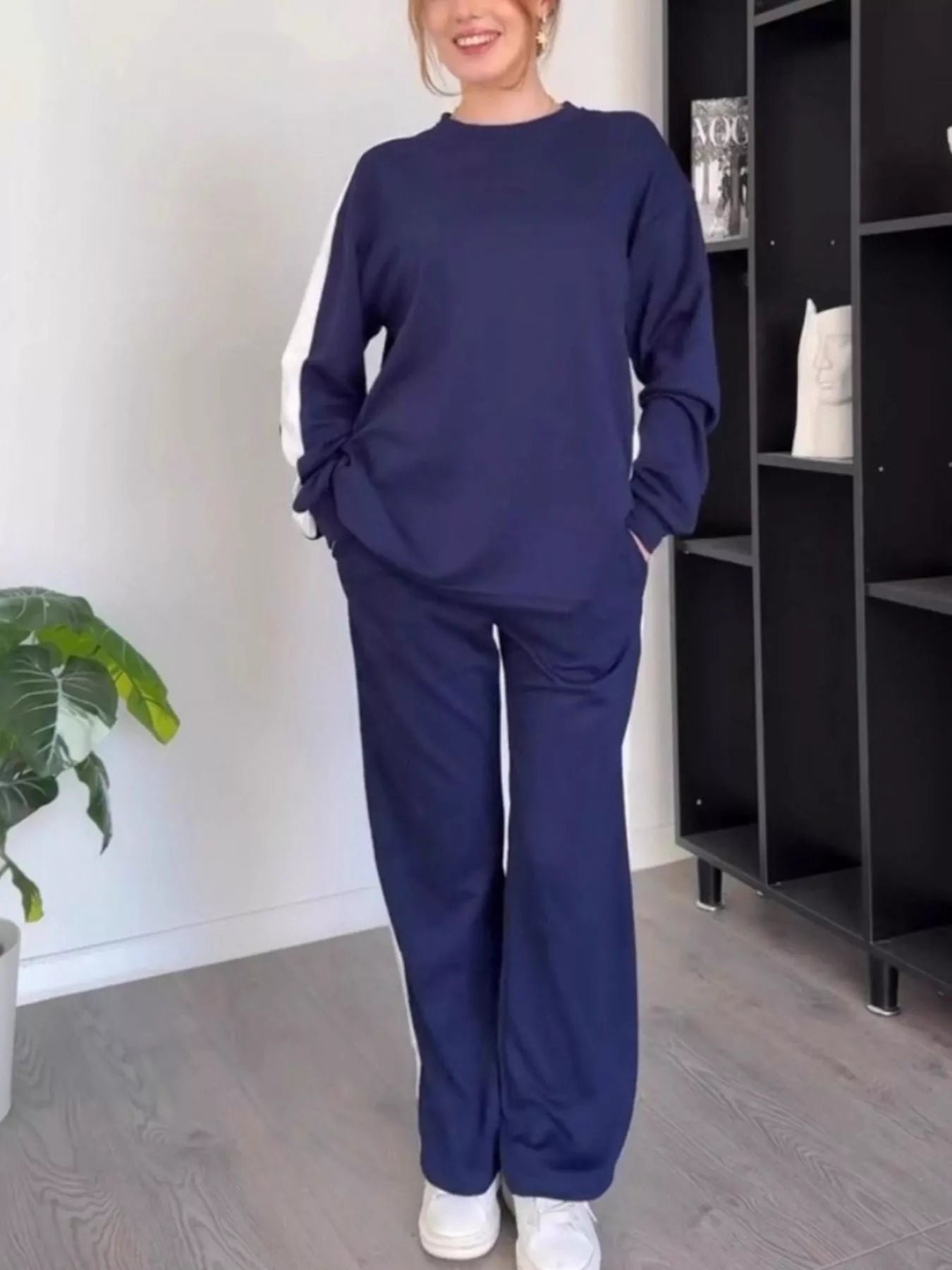 Full Size Contrast Round Neck Top and Pants Set Plus Size nicholesgifts