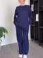 Full Size Contrast Round Neck Top and Pants Set Plus Size nicholesgifts