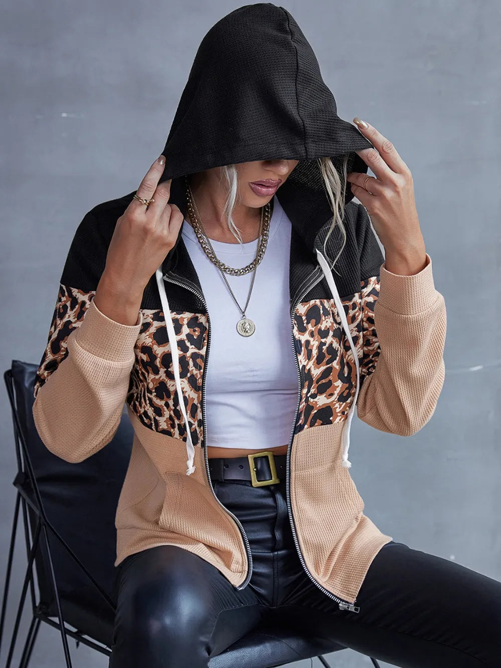 Ivy Lane Drawstring Leopard Zip Up Hooded Jacket nicholesgifts