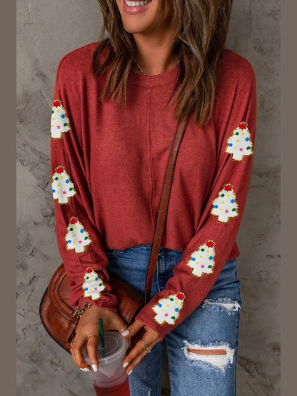 Women Christmas Tree Round Neck Long Sleeve Top nicholesgifts