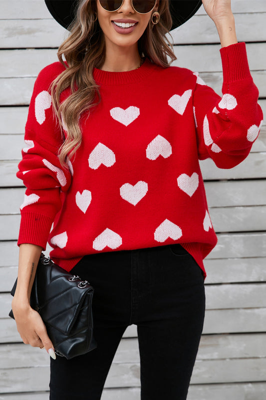 Women Heart Round Neck Long Sleeve Valentine's Day Sweater NicholesGifts