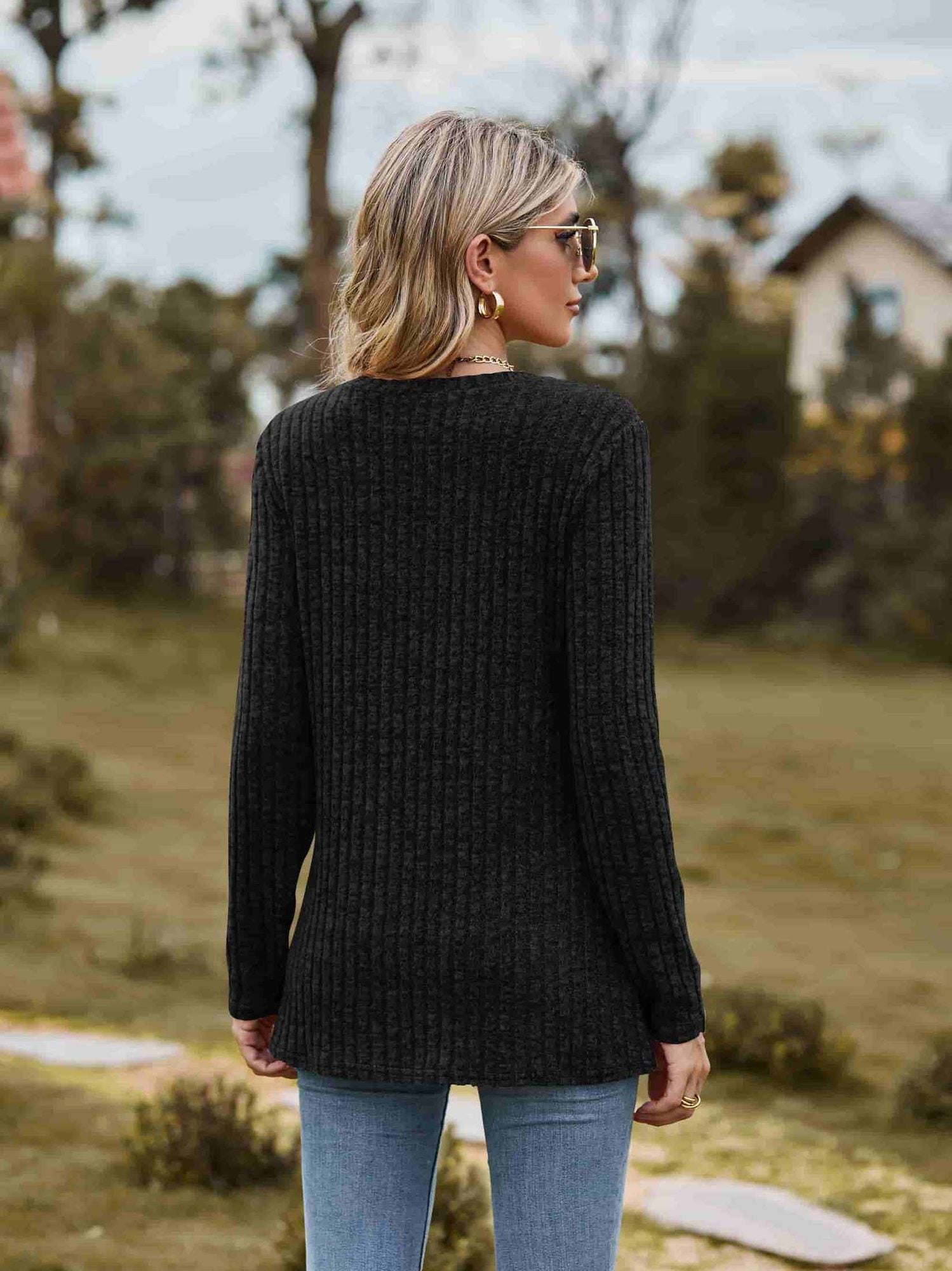 Ribbed Round Neck Long Sleeve Tee NicholesGifts