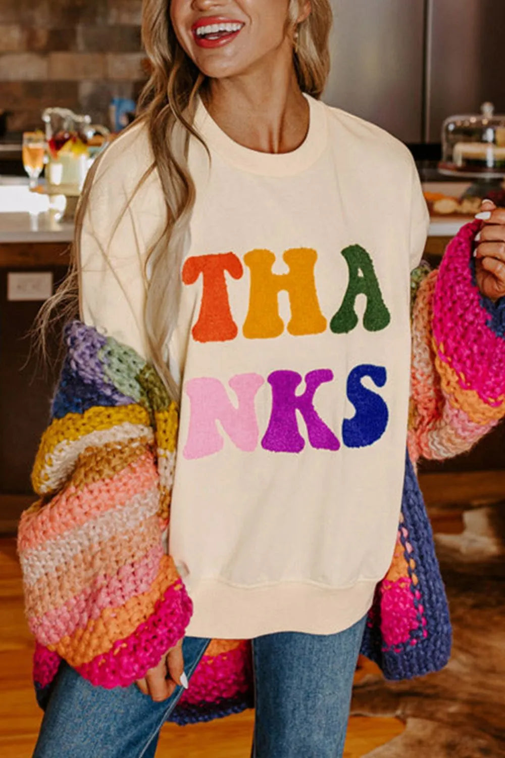 THANKS Round Neck Long Sleeve Sweatshirt Trendsi