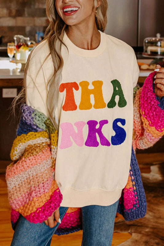 THANKS Round Neck Long Sleeve Sweatshirt Trendsi