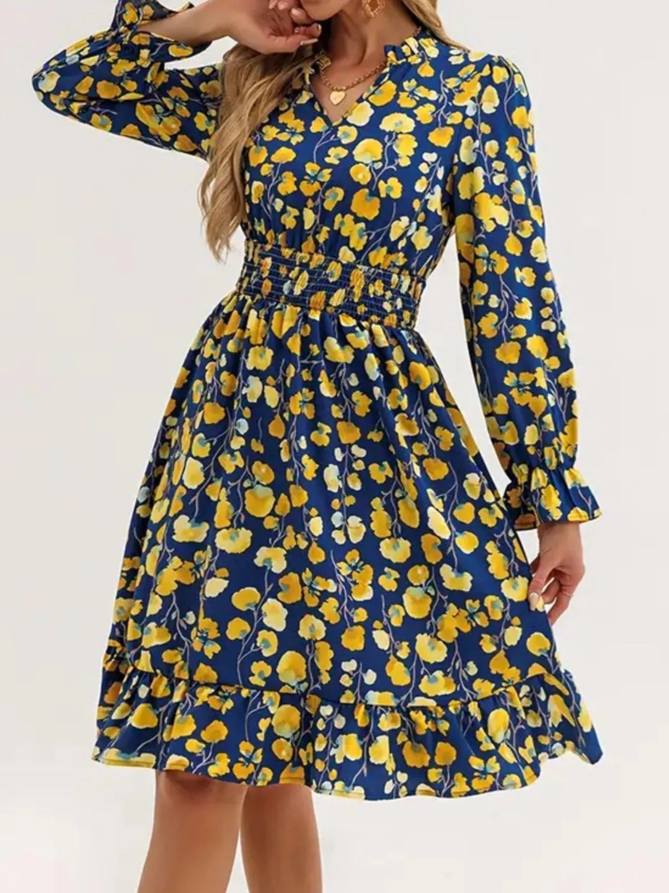 Floral Print Flounce Sleeve Ruffle Hem Dress