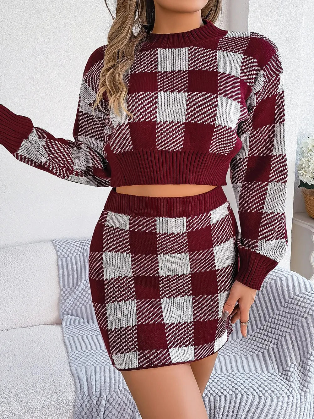 Plaid Round Neck Top and Skirt Sweater Set nicholesgifts