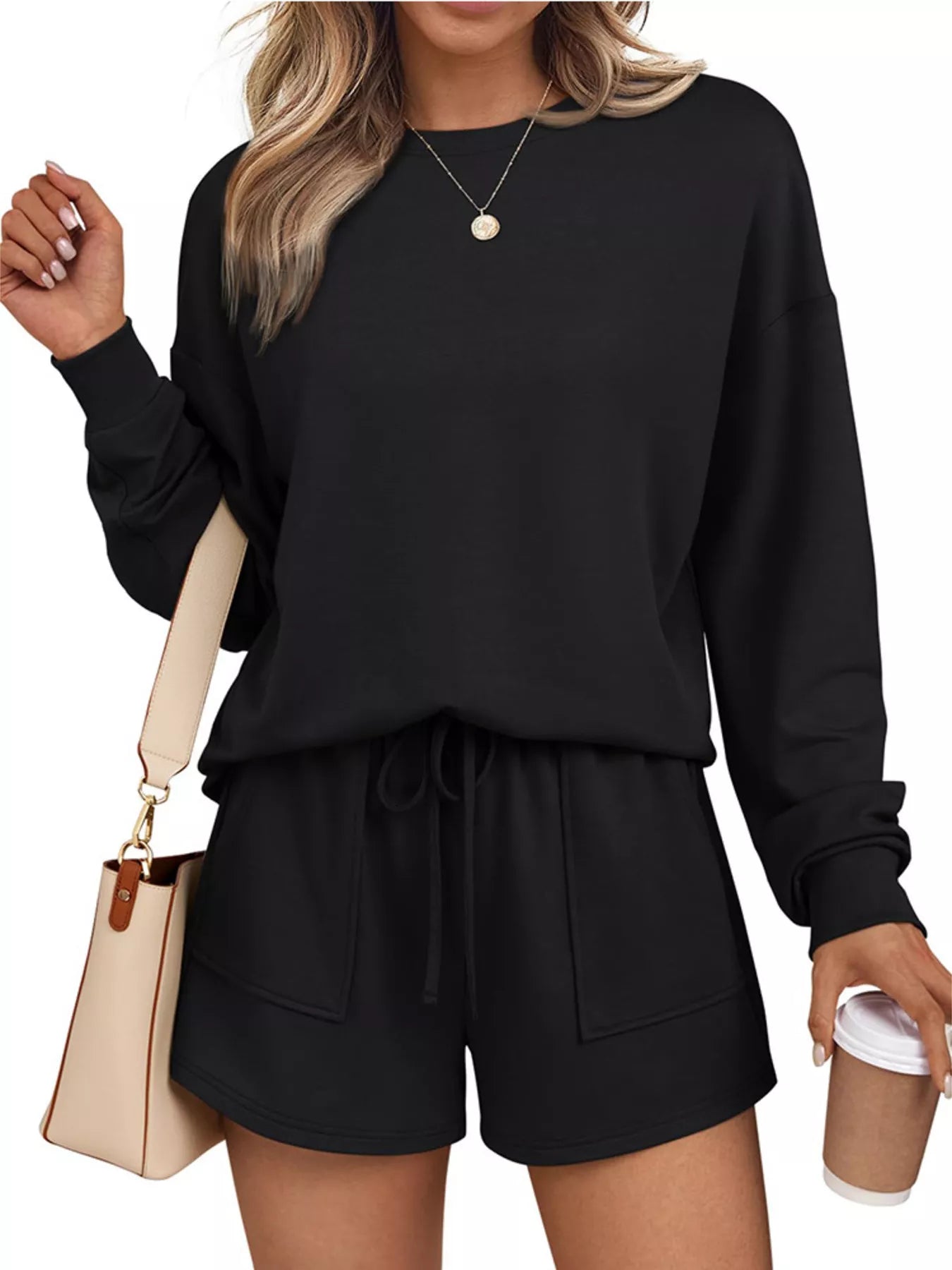 Round Neck Long Sleeve Top and Shorts Set Trendsi