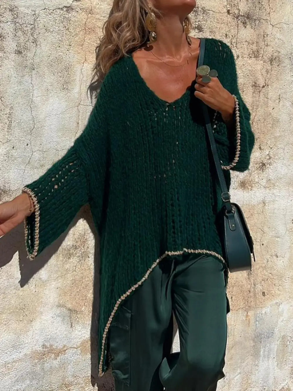 Contrast V-Neck Long Sleeve Sweater Trendsi