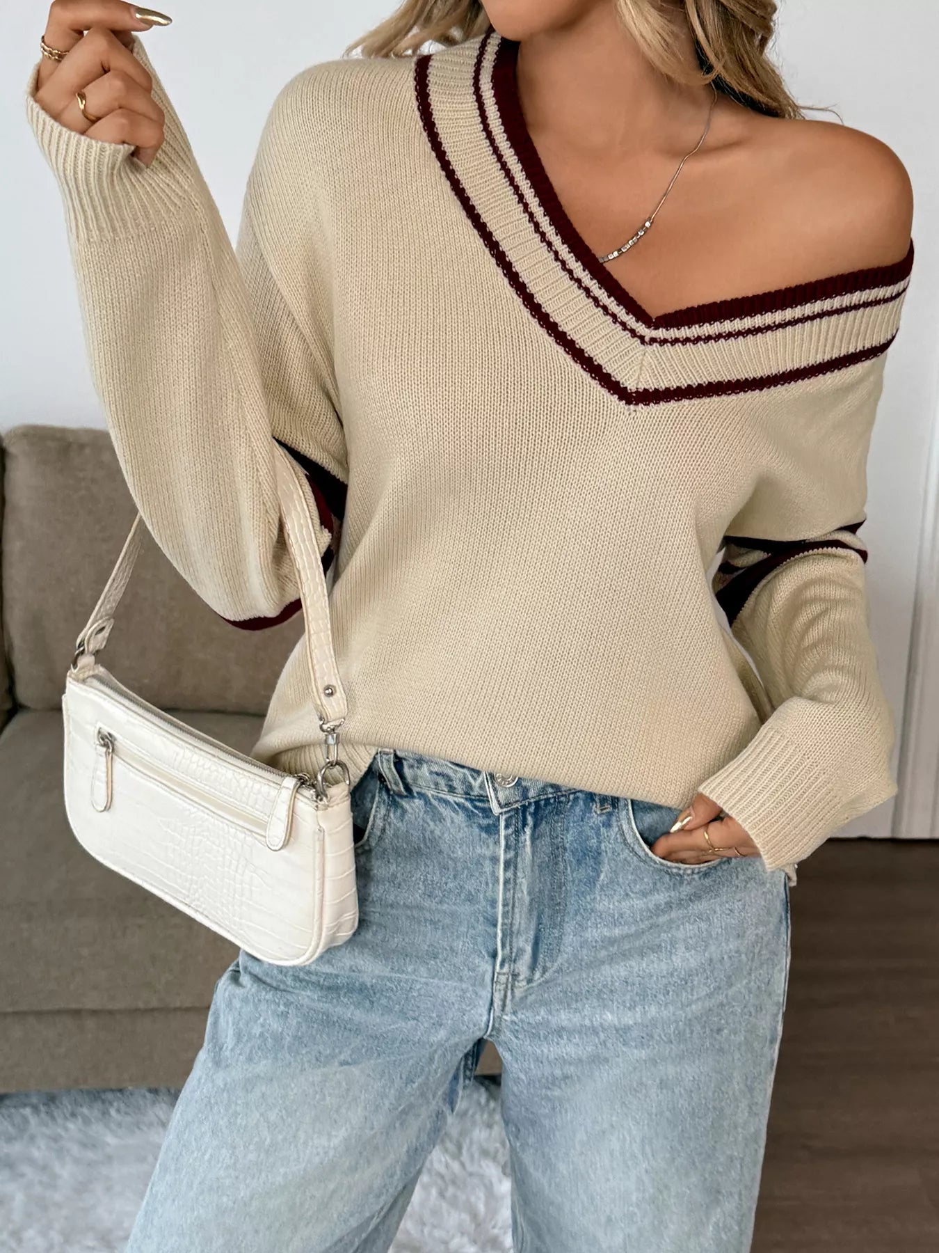 Contrast Trim V-Neck Long Sleeve Sweater Trendsi