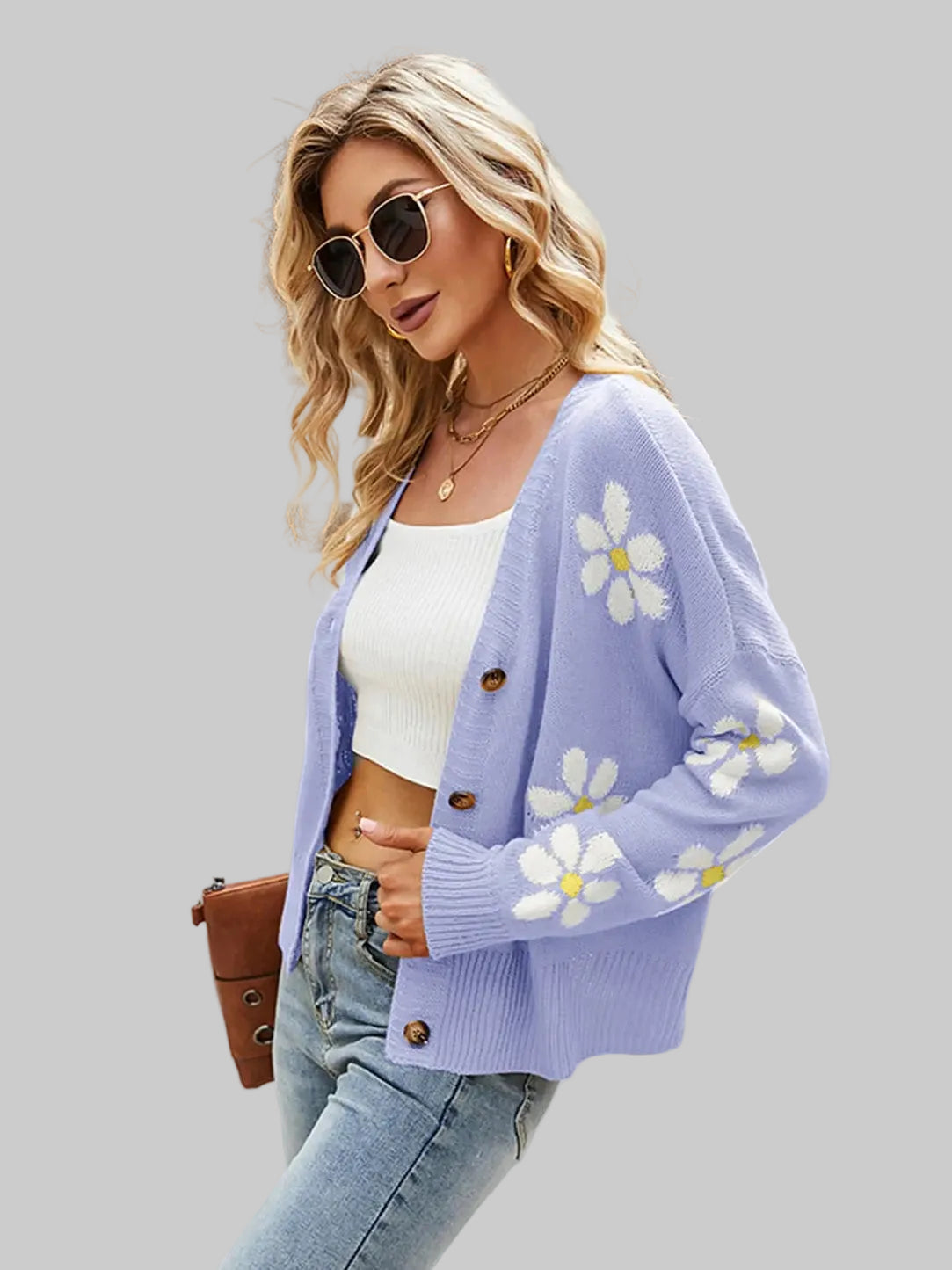 Women Flower Pattern Button Front Cardigan nicholesgifts