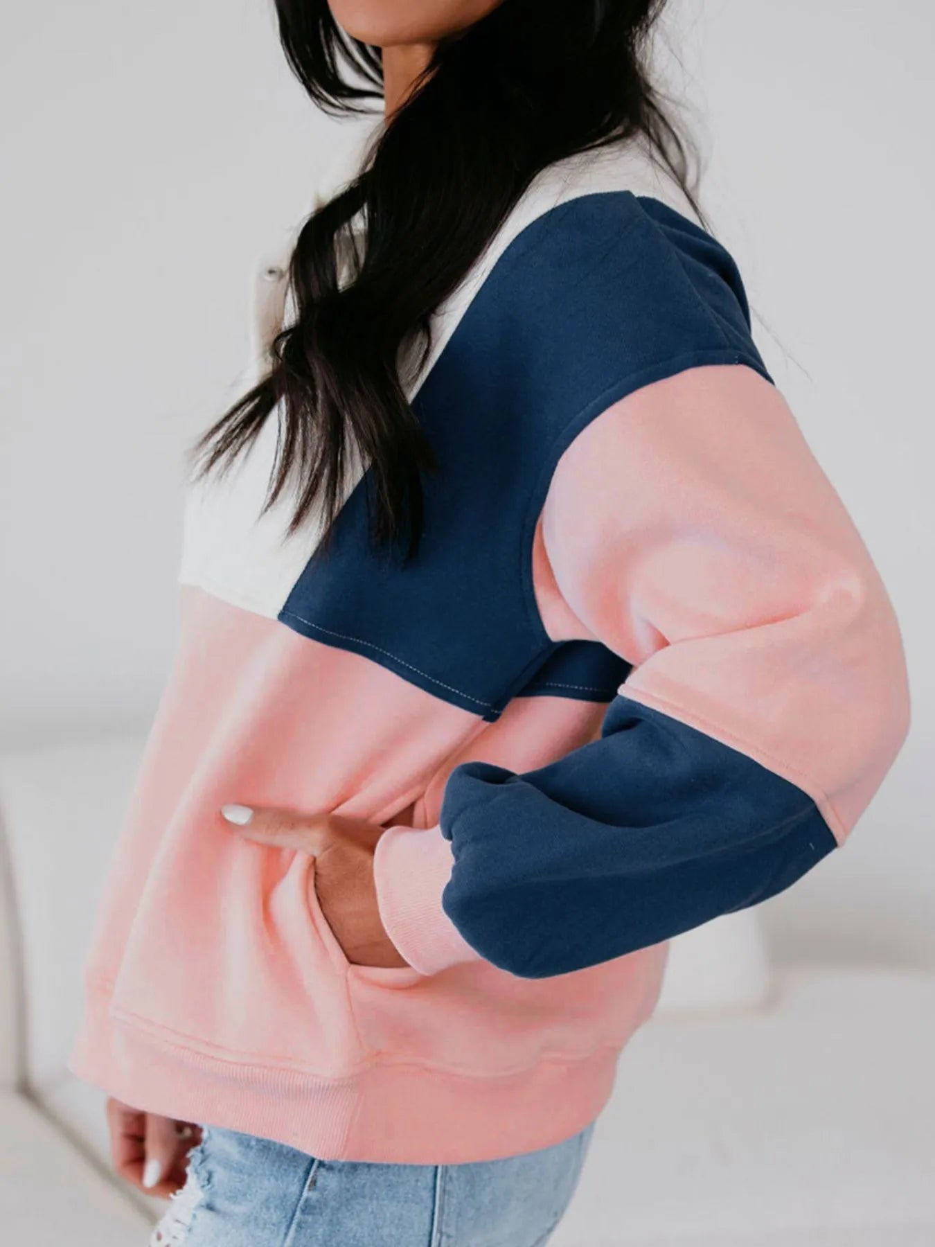 Colorblock Patchwork Half Button Baggy Sweatshirt