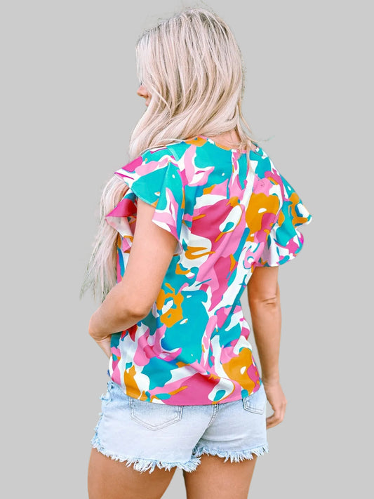 Ruffled Printed Notched Cap Sleeve Blouse nicholesgifts