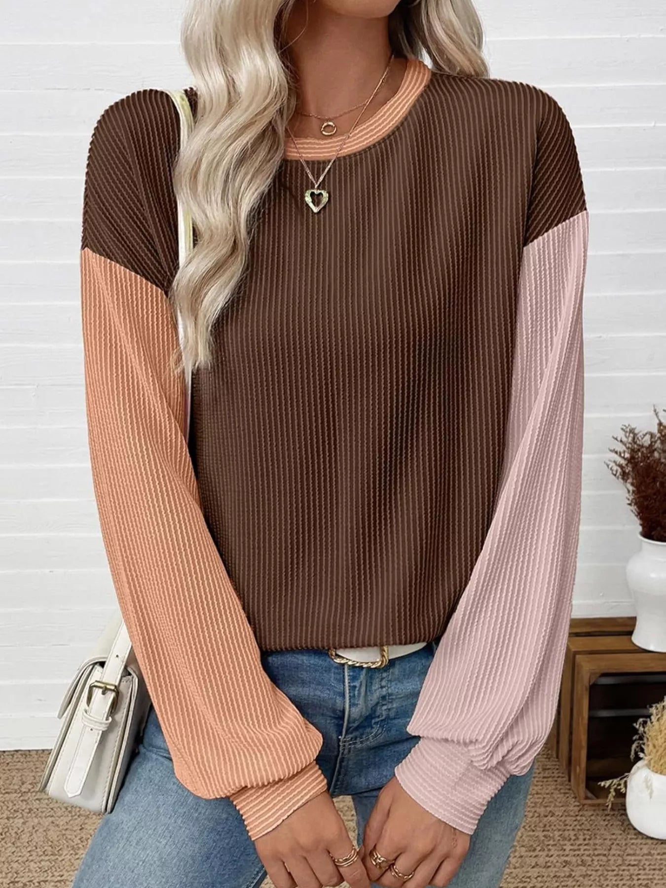 Color Block Ribbed Long Sleeve T-Shirt Trendsi