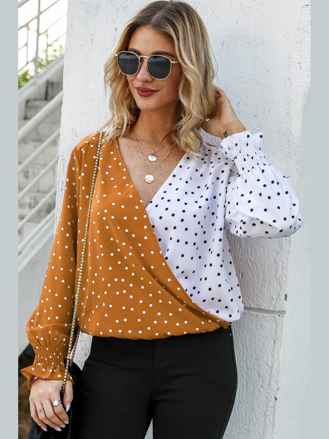 Ivy Lane Polka Dot Surplice Neck Lantern Sleeve Blouse