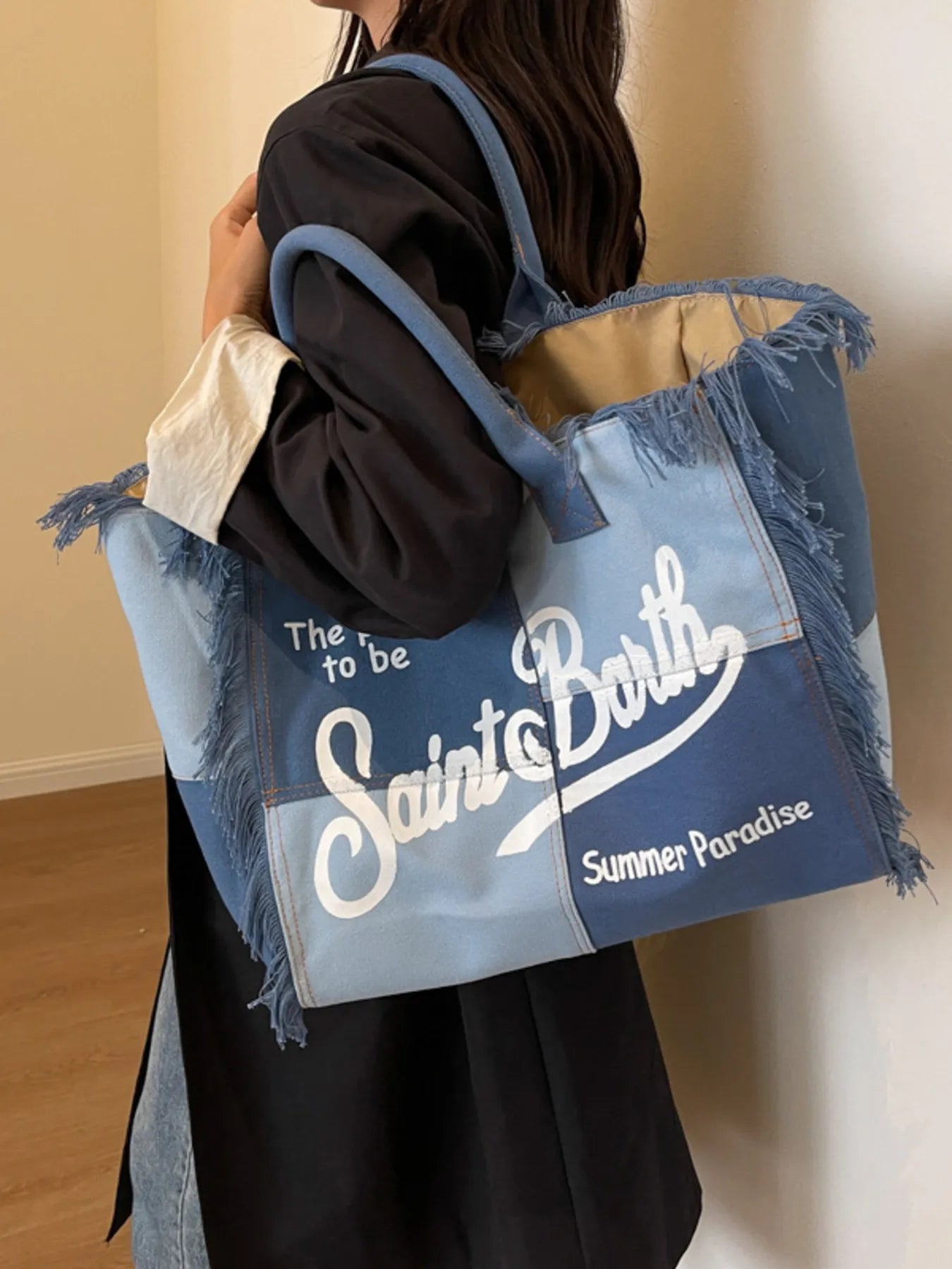 Fringe Letter Canvas Tote Bag Trendsi