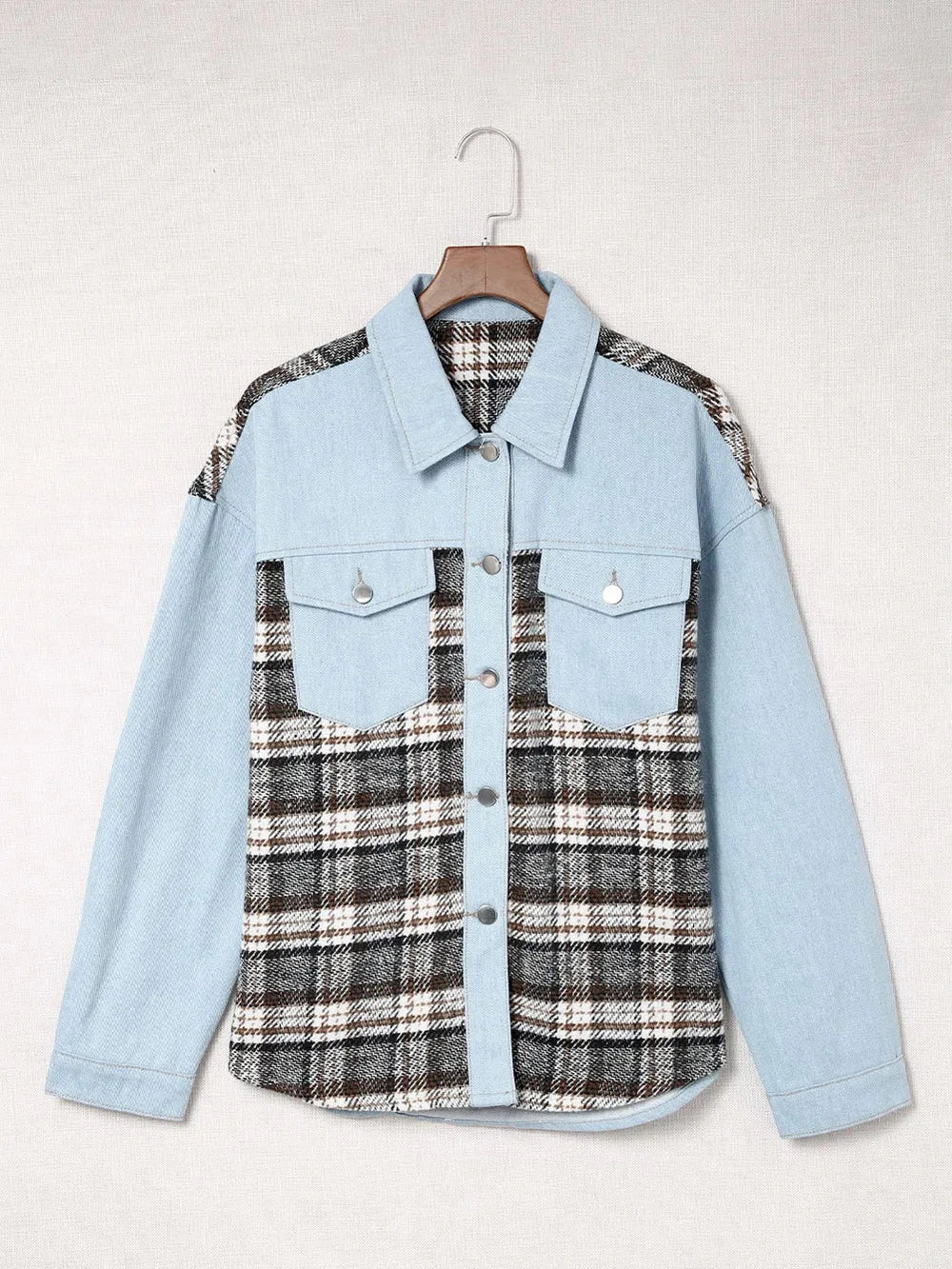 Plaid Pocketed Button Up Denim Jacket nicholesgifts