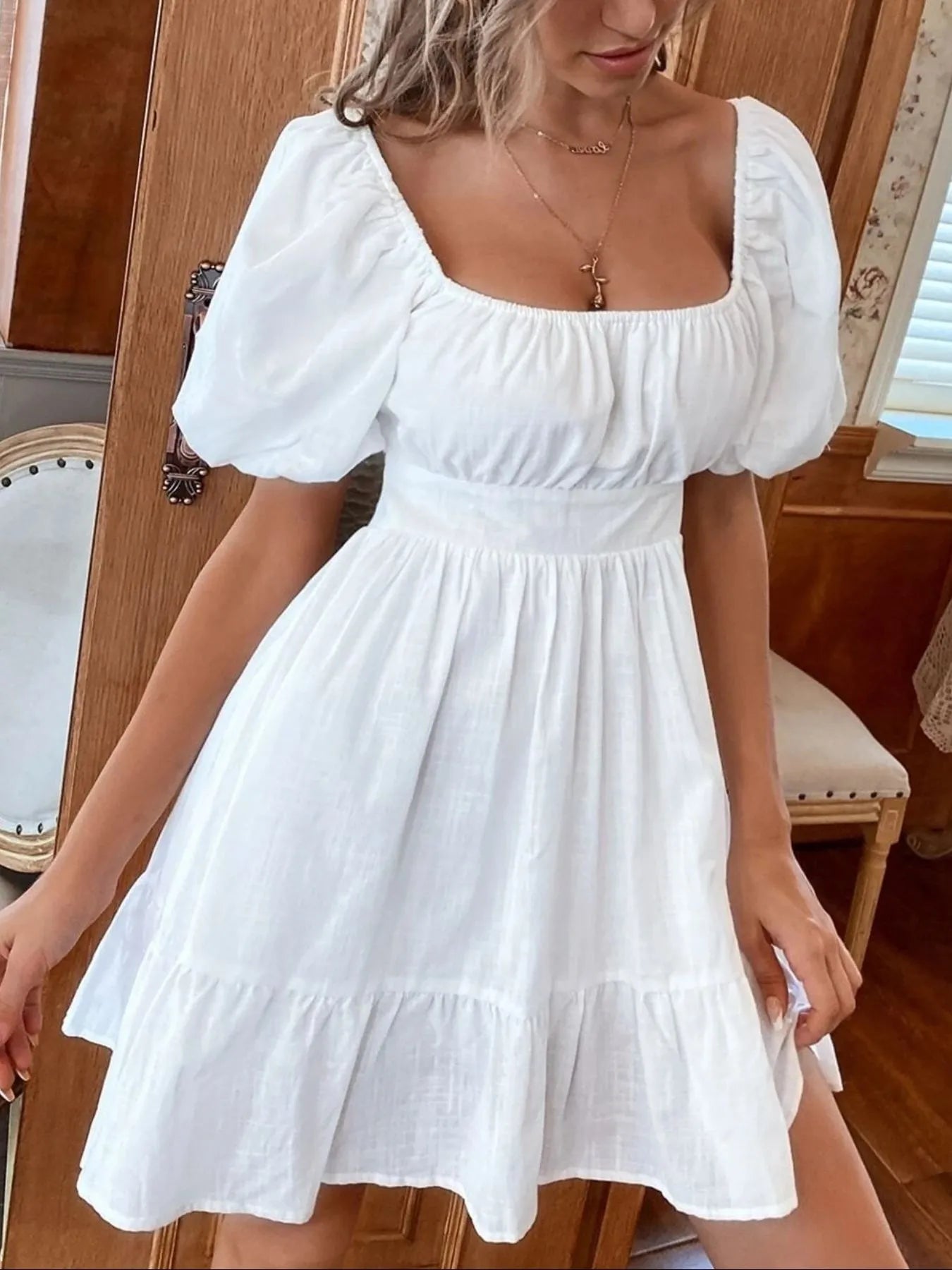 Square Neck Puff Sleeve Mini Dress NicholesGifts