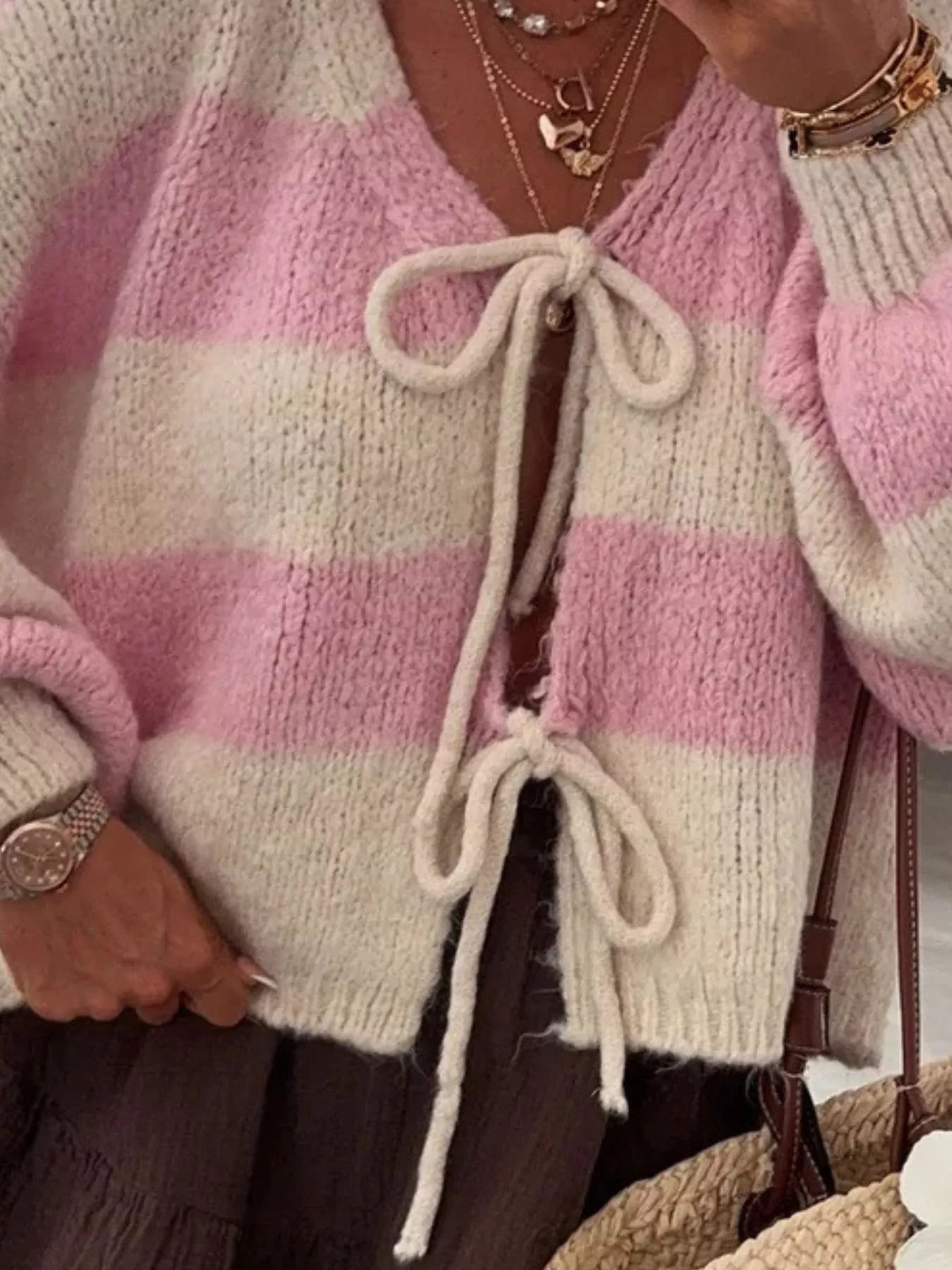 Striped Tie-Front Knit Cardigan Trendsi