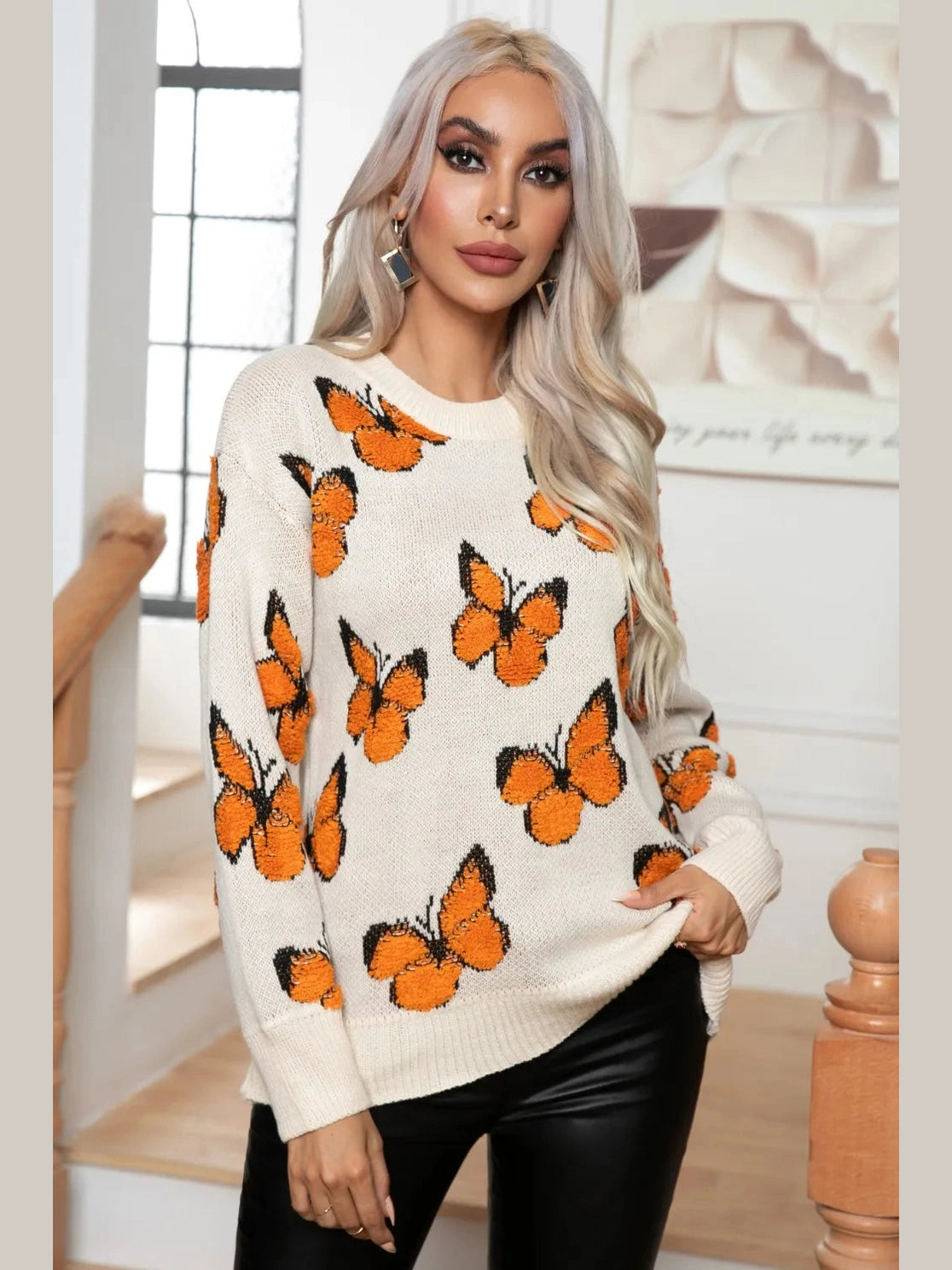Butterfly Round Neck Long Sleeve Sweater Trendsi