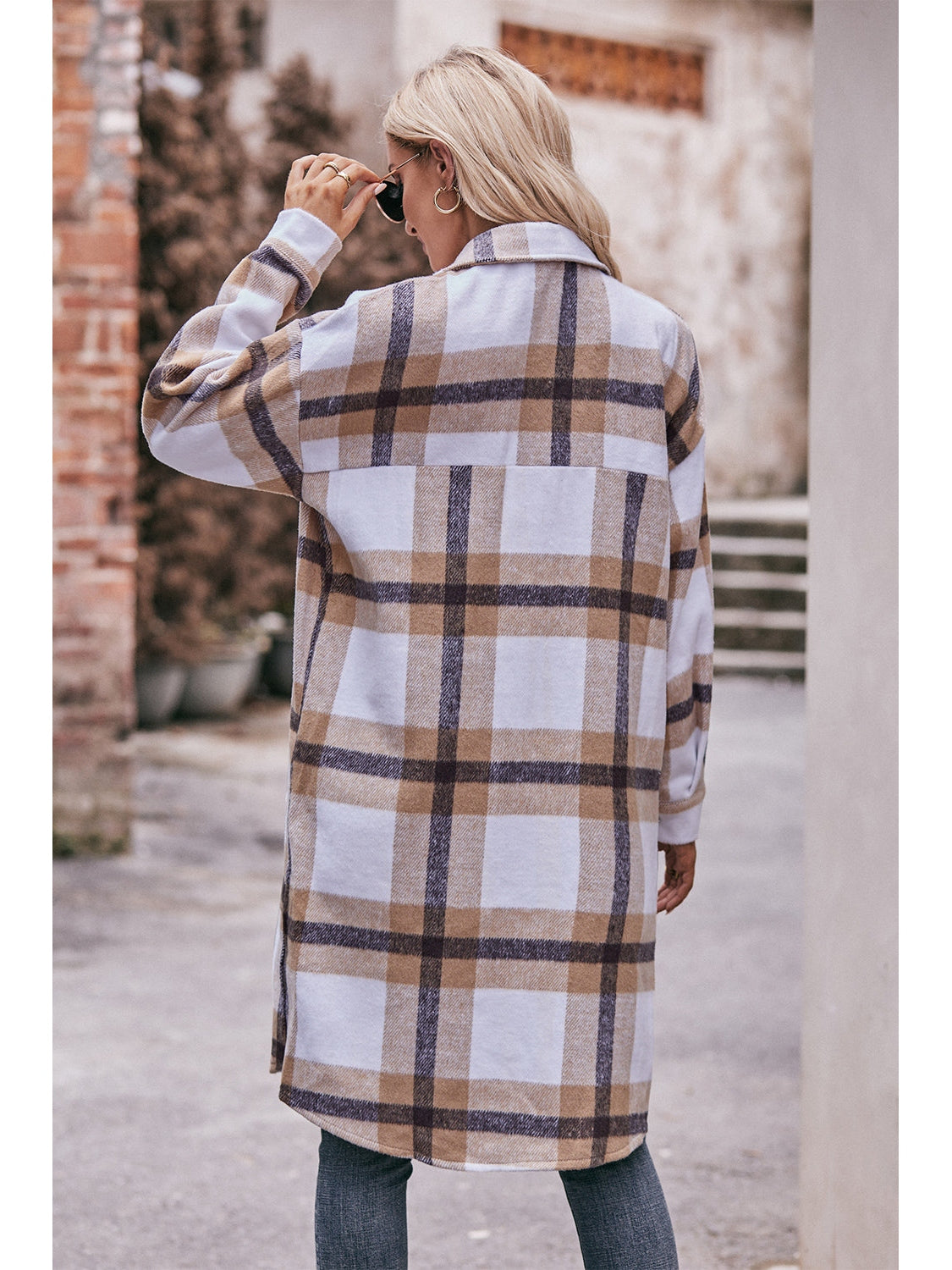 NicholesGifts Women Mandy Plaid Dropped Shoulder Longline Jacket