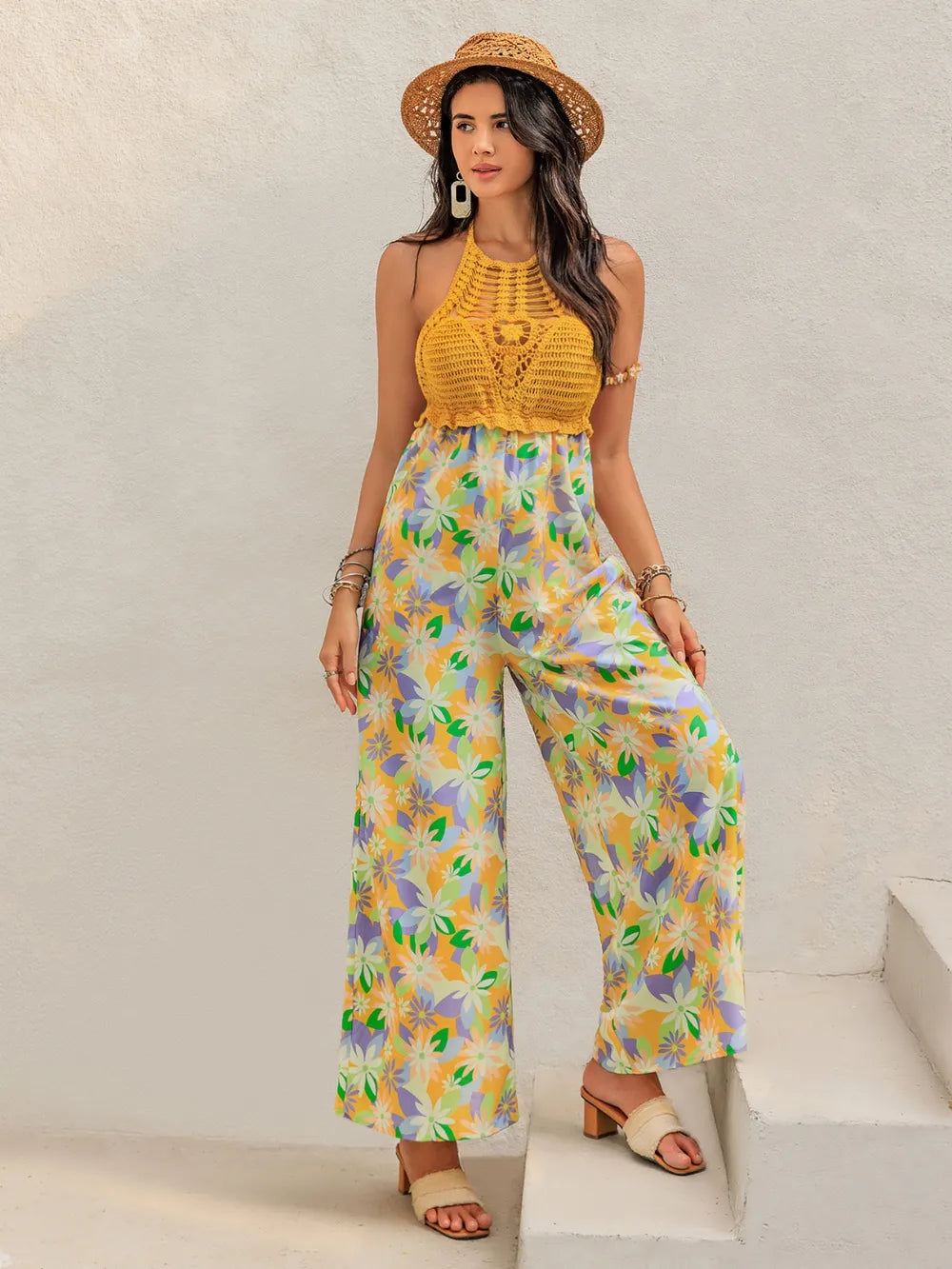 Openwork Halter Neck Floral Wide Leg Jumpsuit nicholesgifts