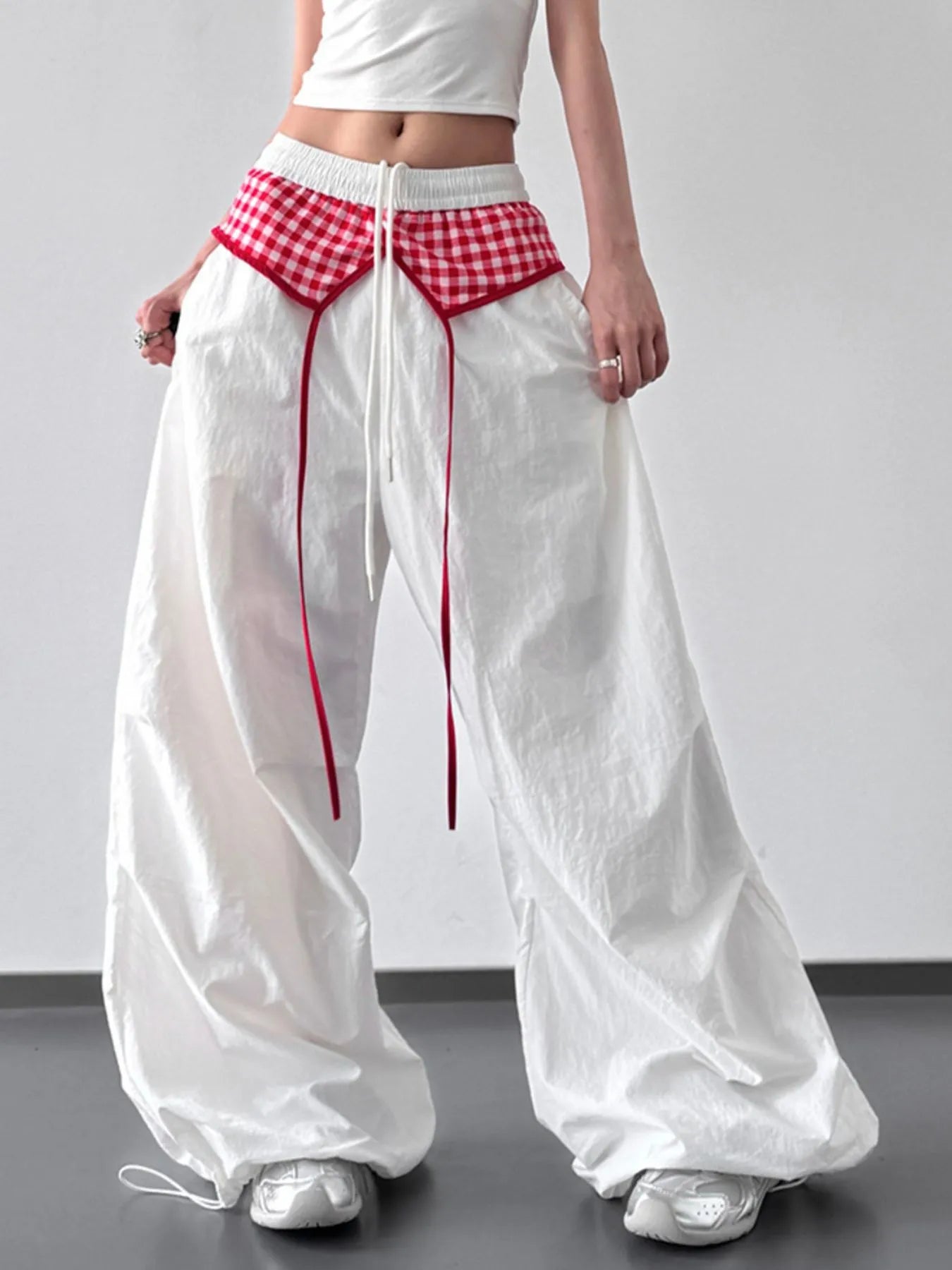 Wide Leg Pants with Checkered Detail Trendsi