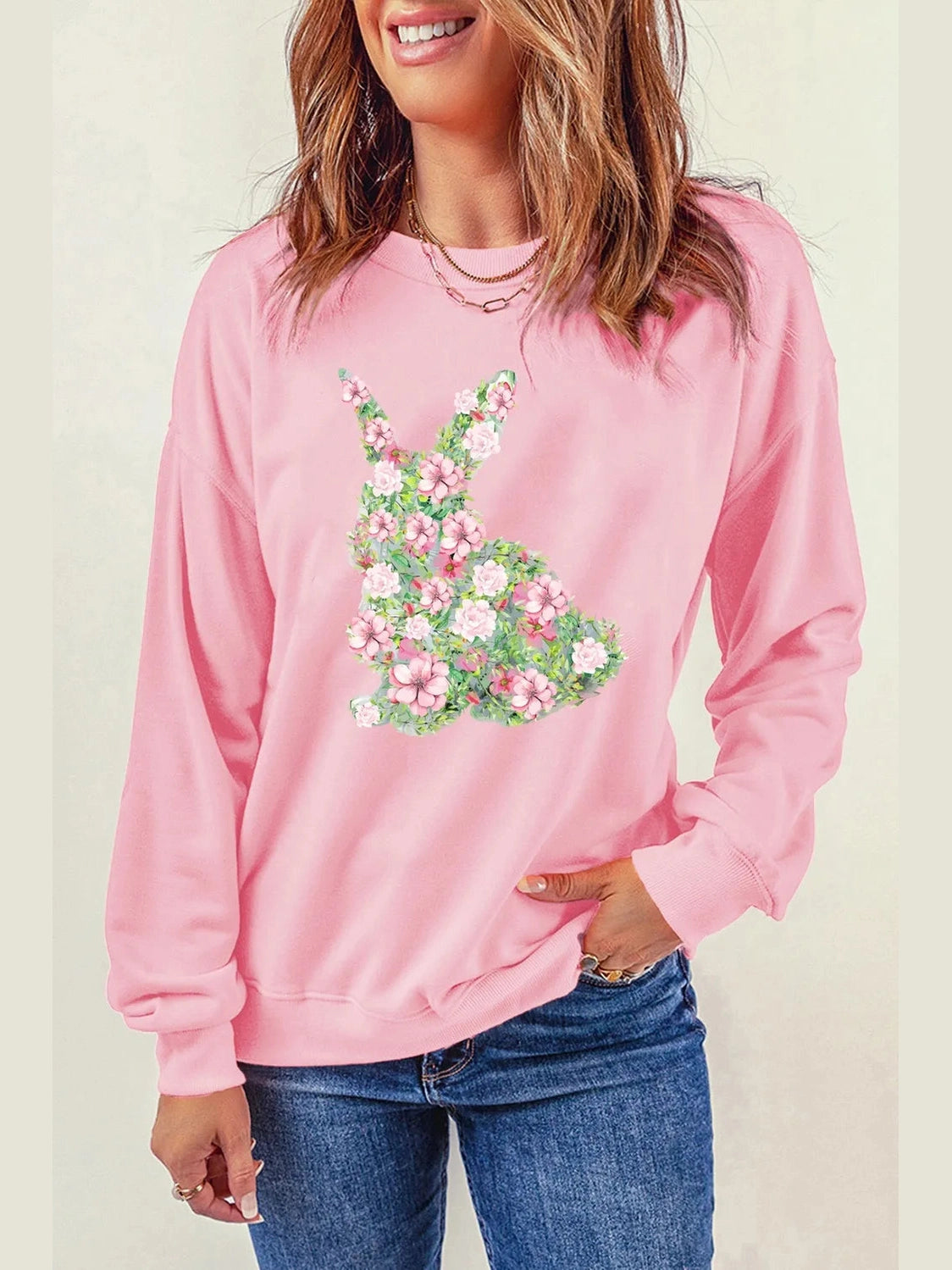 Floral Bunny Round Neck Long Sleeve Sweatshirt nicholesgifts