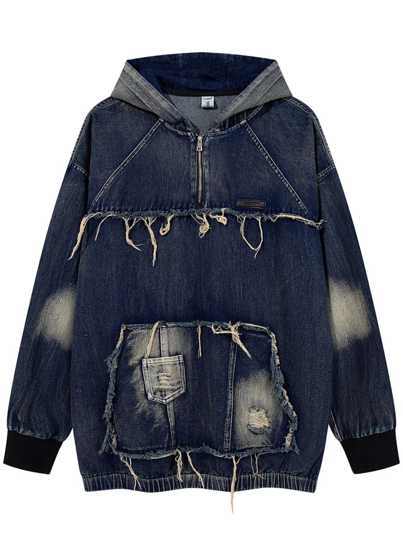 Men's Distressed Denim Patchwork Oversized Hoodie with Frayed Details NicholesGifts