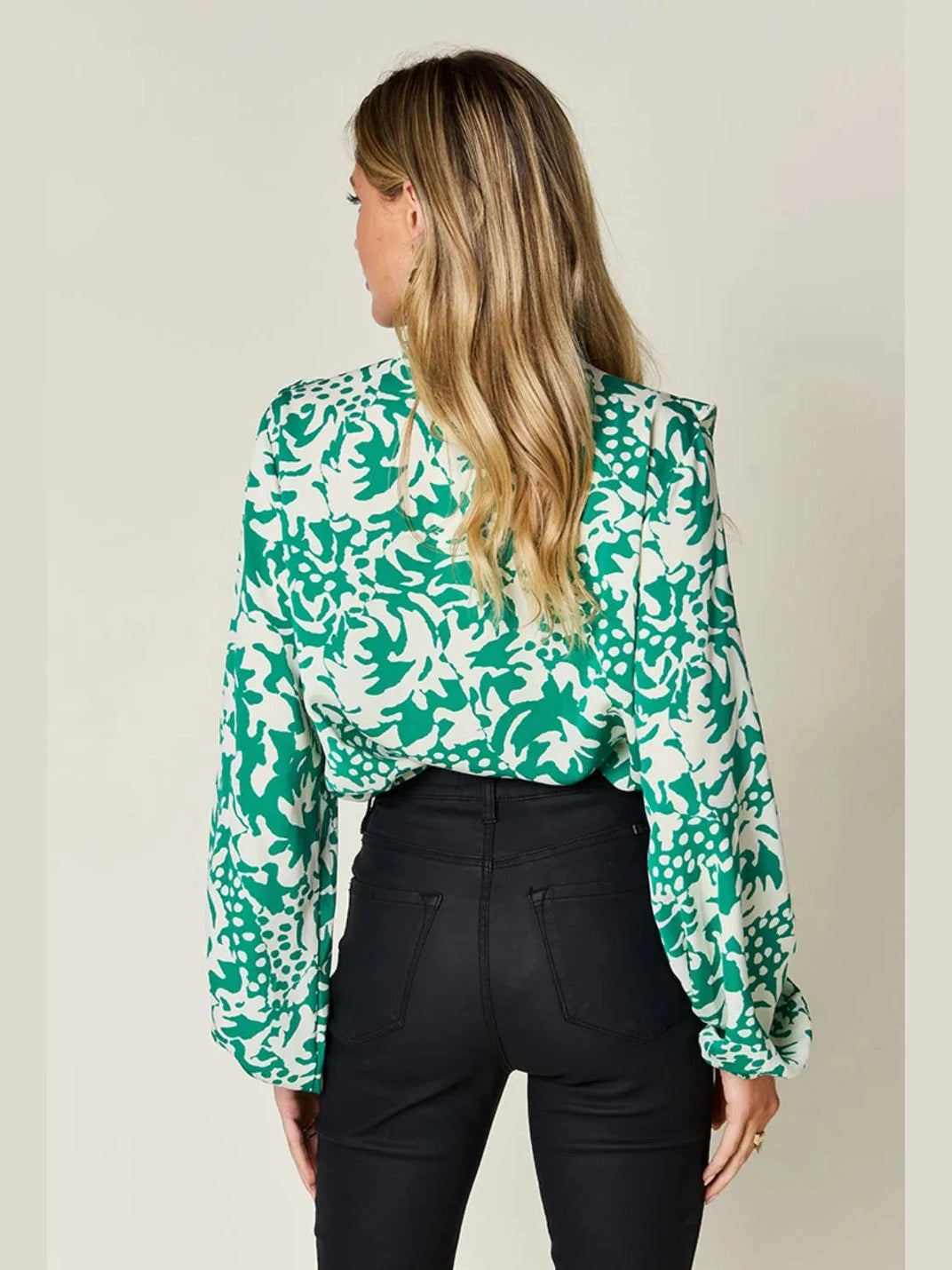 Double Take Full Size Printed Ruffle Trim Balloon Sleeve Shirt
