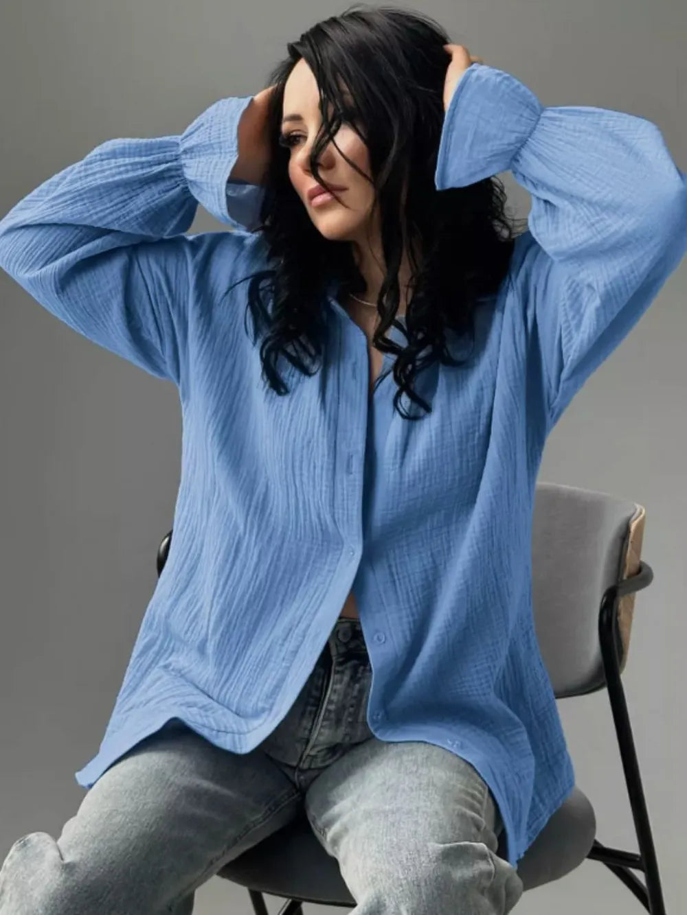 Textured Collared Neck Flounce Sleeve Shirt nicholesgifts