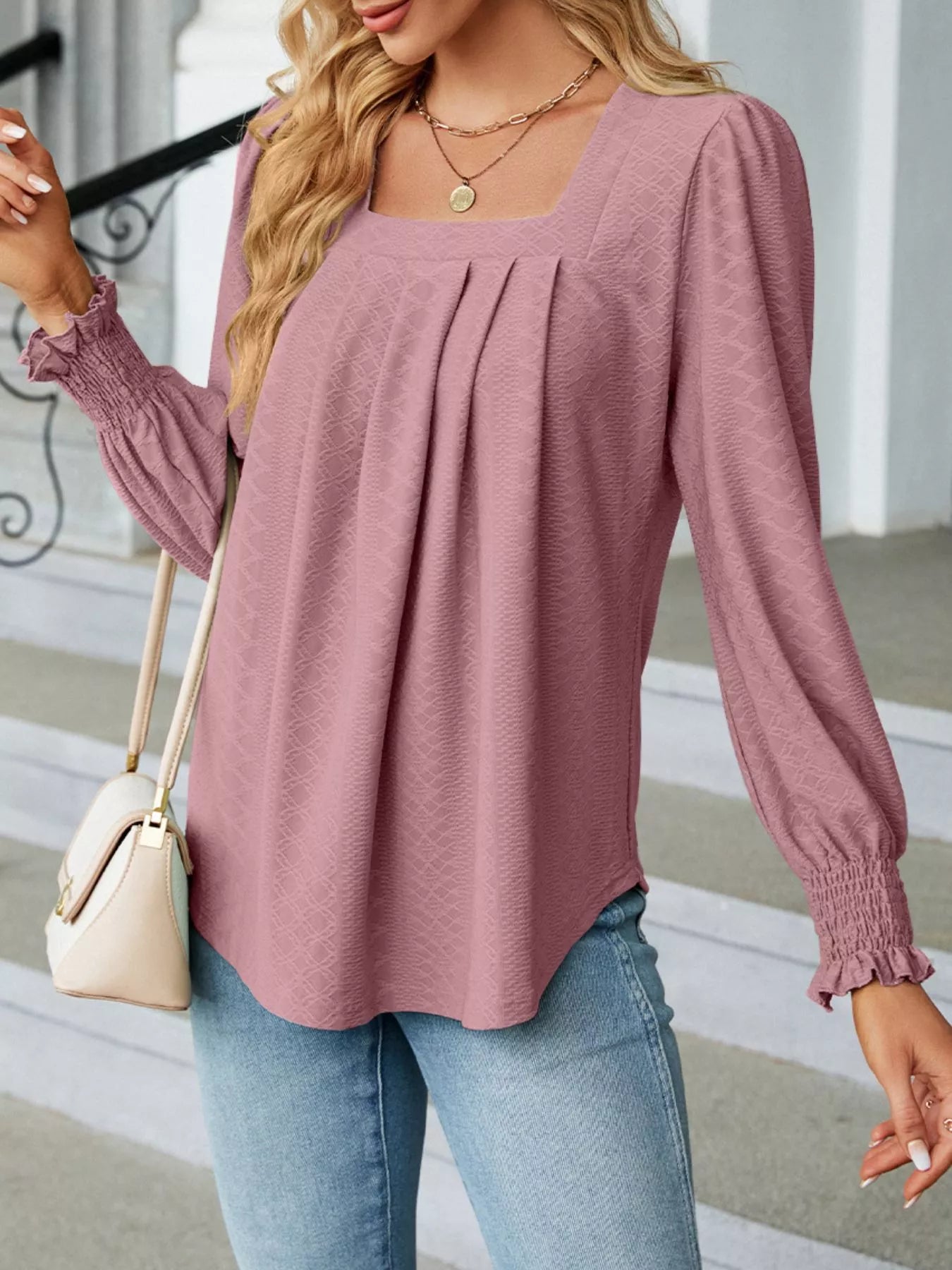 Pleated Square Neck Long Sleeve Top Trendsi