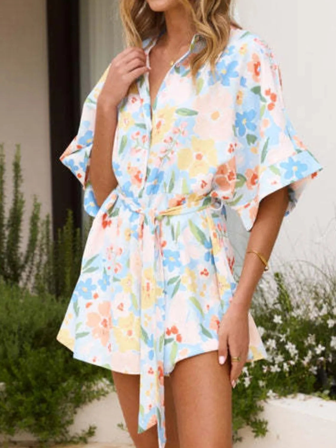 Printed Half Sleeve Tie Waist Romper nicholesgifts