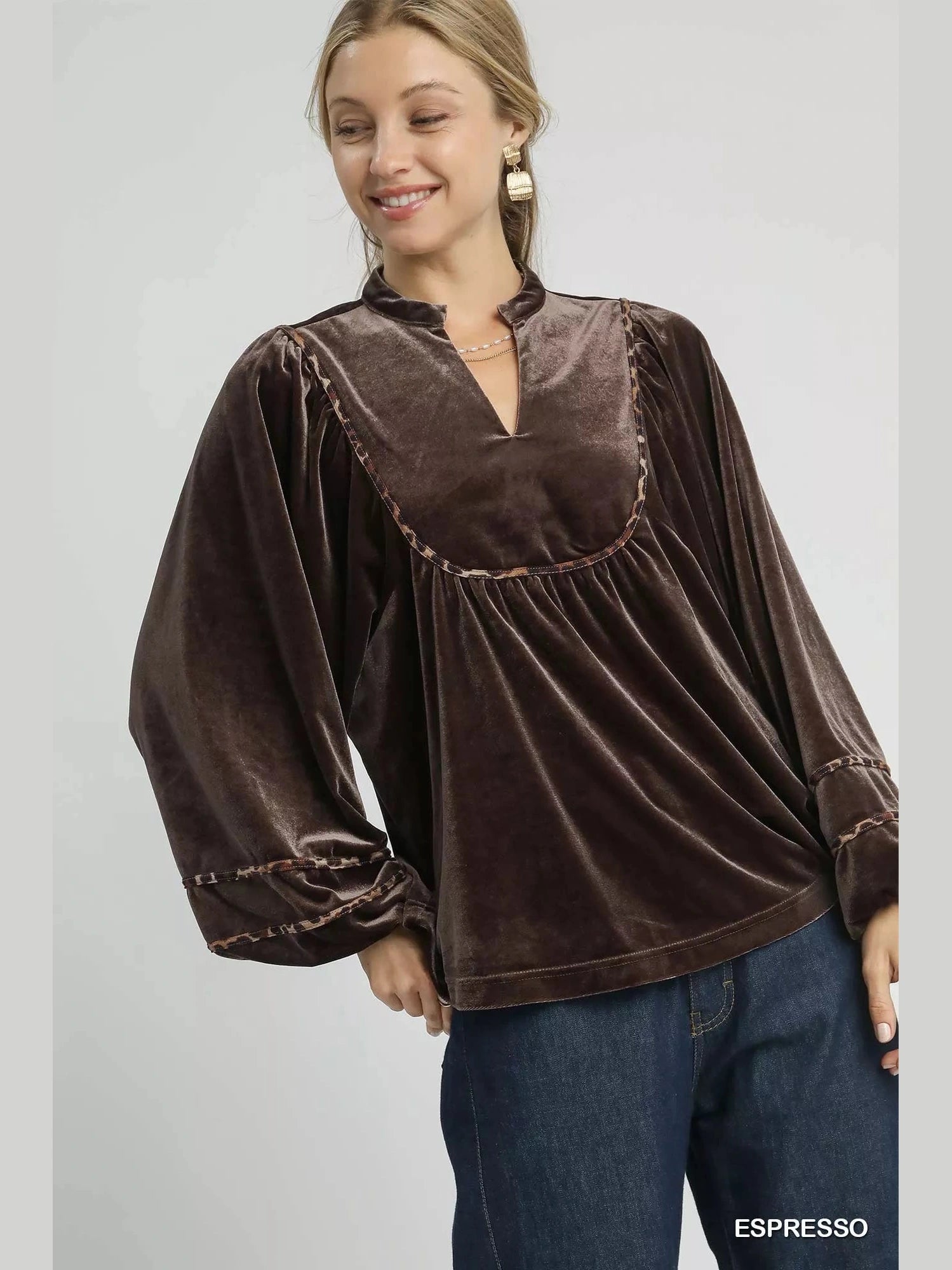 Umgee Velvet Long Sleeve Blouse with Contrast Trim Trendsi