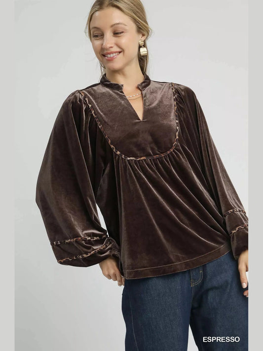 Umgee Velvet Long Sleeve Blouse with Contrast Trim Trendsi