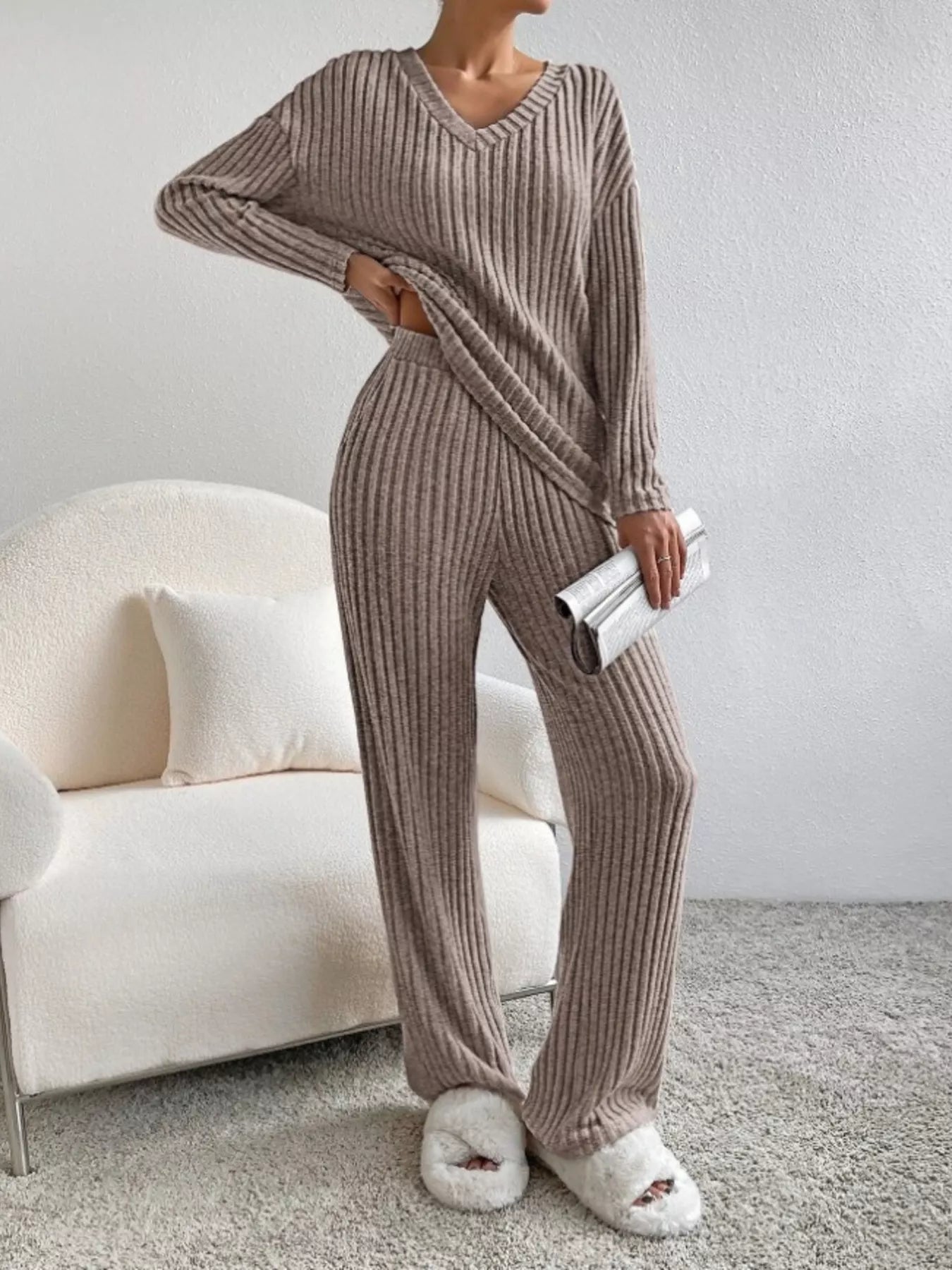 Ribbed Knit V-Neck Top and Pants Set nicholesgifts