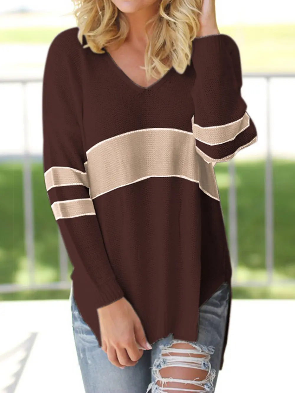 Striped V-Neck Long Sleeve Sweater Trendsi