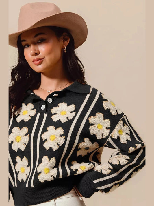 SO ME Floral Stripe Polo Collar Sweater Trendsi