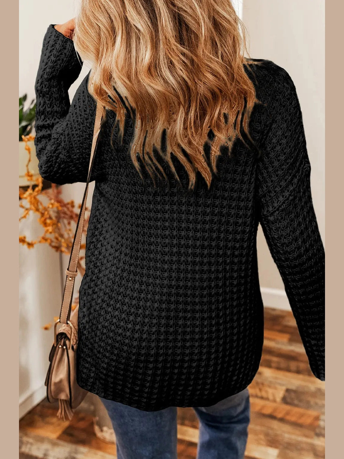 Openwork Round Neck Long Sleeve Sweater Trendsi