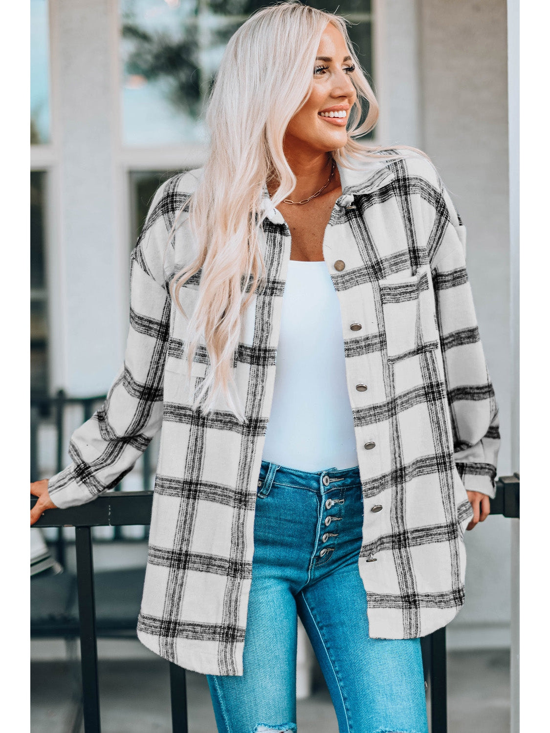 Plaid Curved Hem Dropped Shoulder Longline Shirt Jacket nicholesgifts