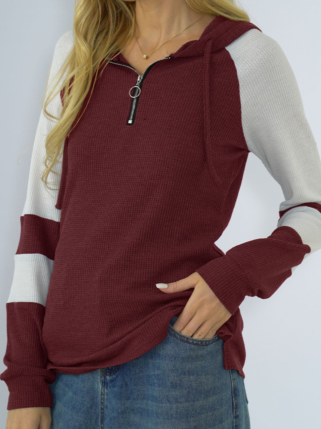 NicholesGifts Women Shiny Waffle-Knit Raglan Sleeve Zipper Front Hoodie NicholesGifts