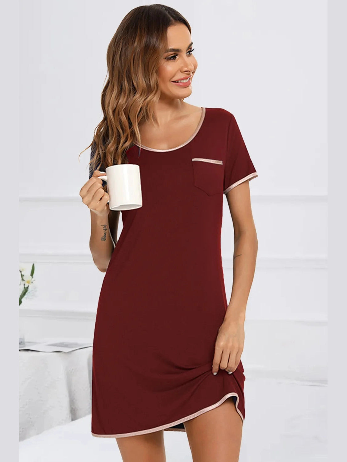 Contrast Trim Pocketed Round Neck Lounge Dress nicholesgifts