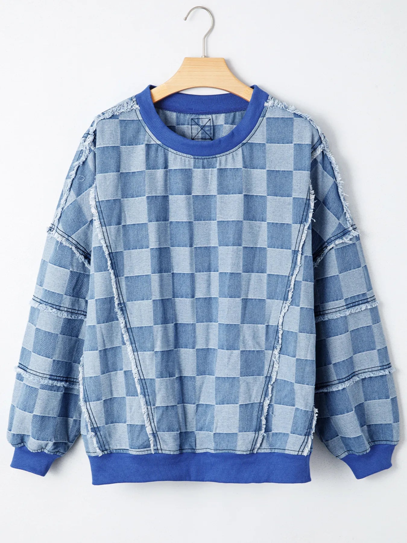 Checkerboard Splicing Raw Detail Oversized Denim Top Trendsi