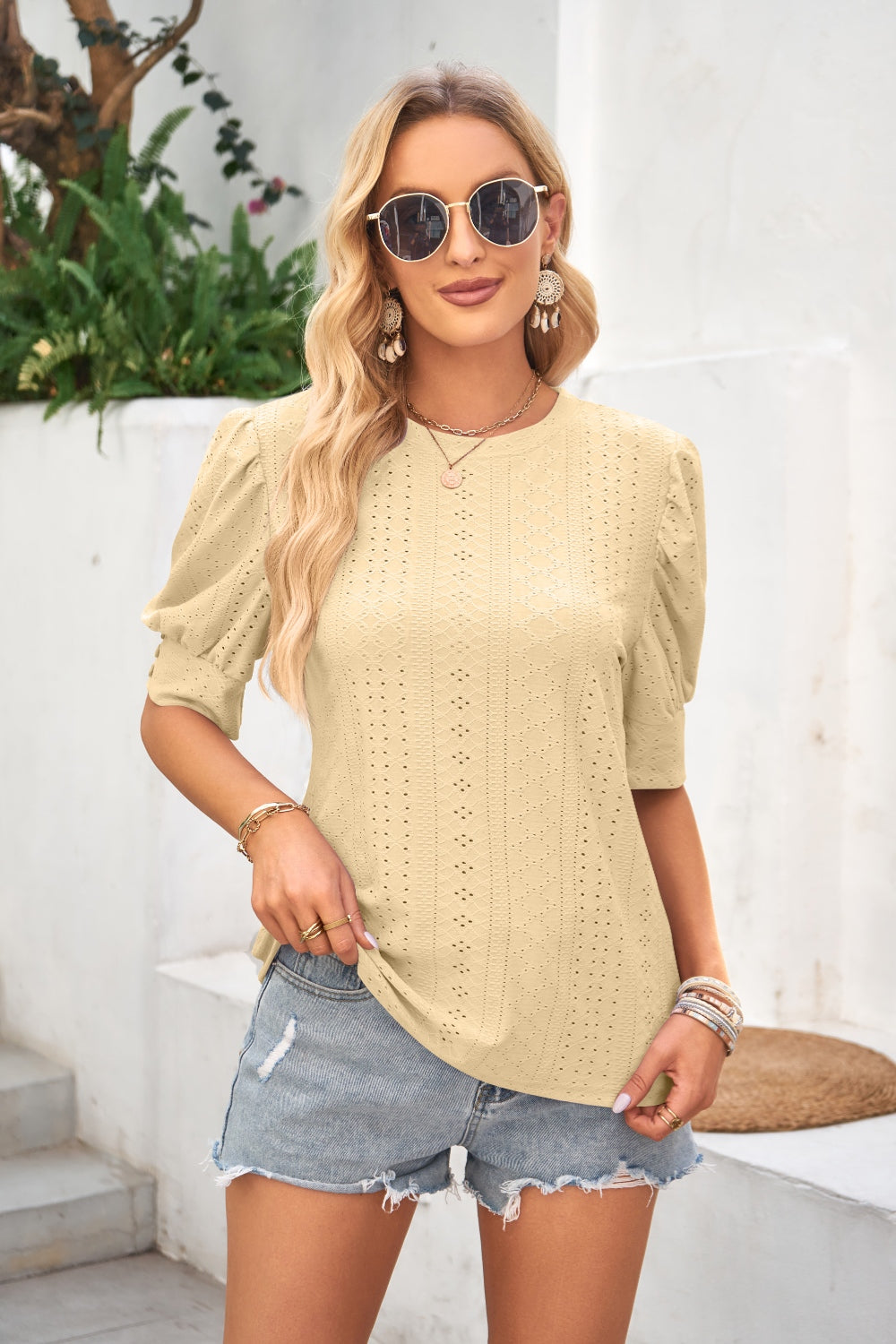 Openwork Round Neck Short Sleeve Blouse nicholesgifts