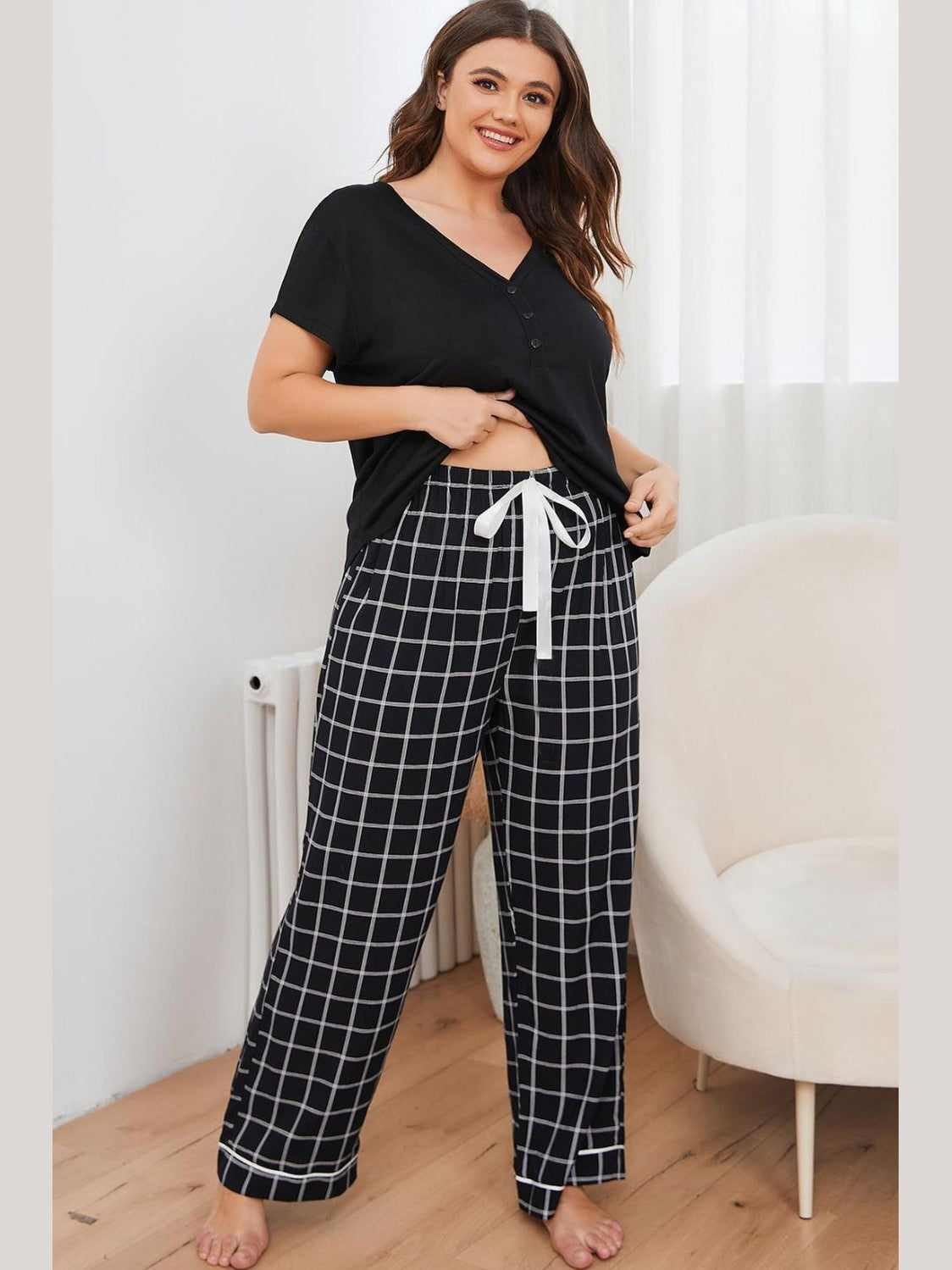 Plus Size V-Neck Top and Plaid Pants Lounge Set nicholesgifts